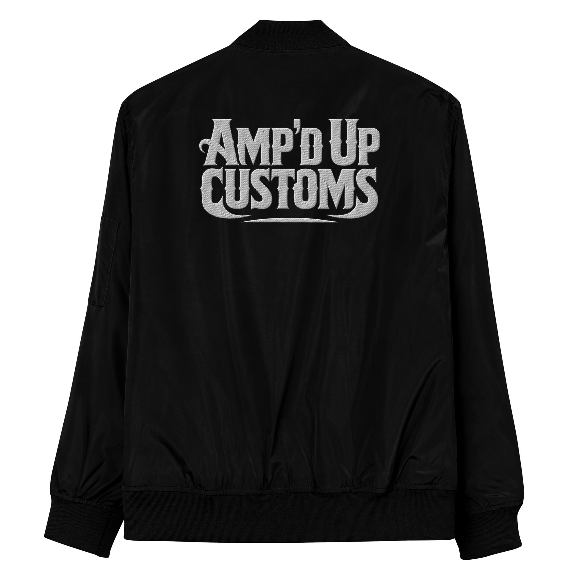 Ampd Up Custom Premium recycled bomber jacket in black with large logo on the back