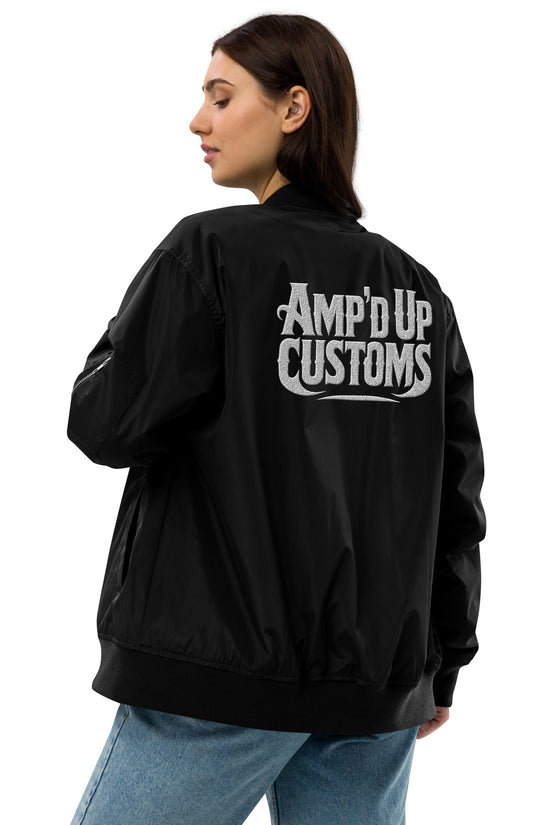 Amp'd Up Custom Premium recycled bomber jacket in black with bold logo on the back
