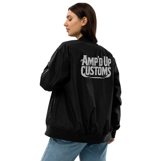 Amp'd Up Custom Premium recycled bomber jacket in black with bold logo on the back