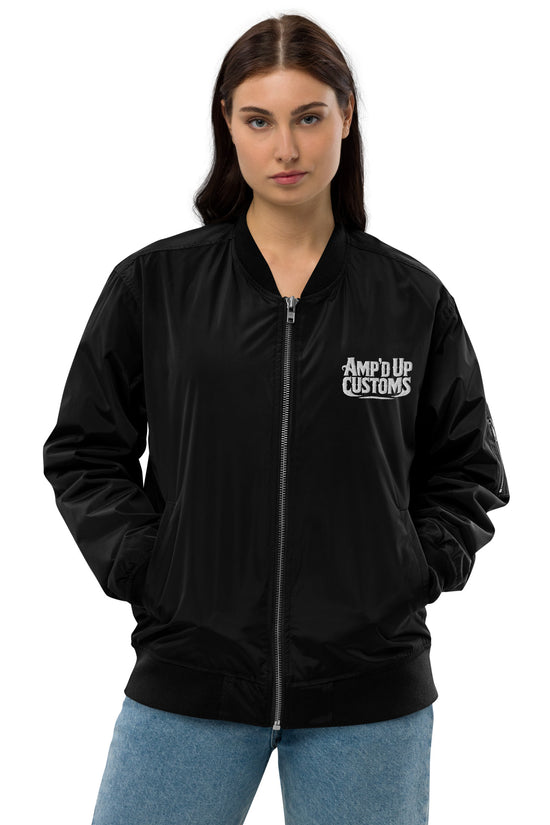 Ampd Up Custom Premium recycled bomber jacket in black, featuring a stylish design and comfortable fit