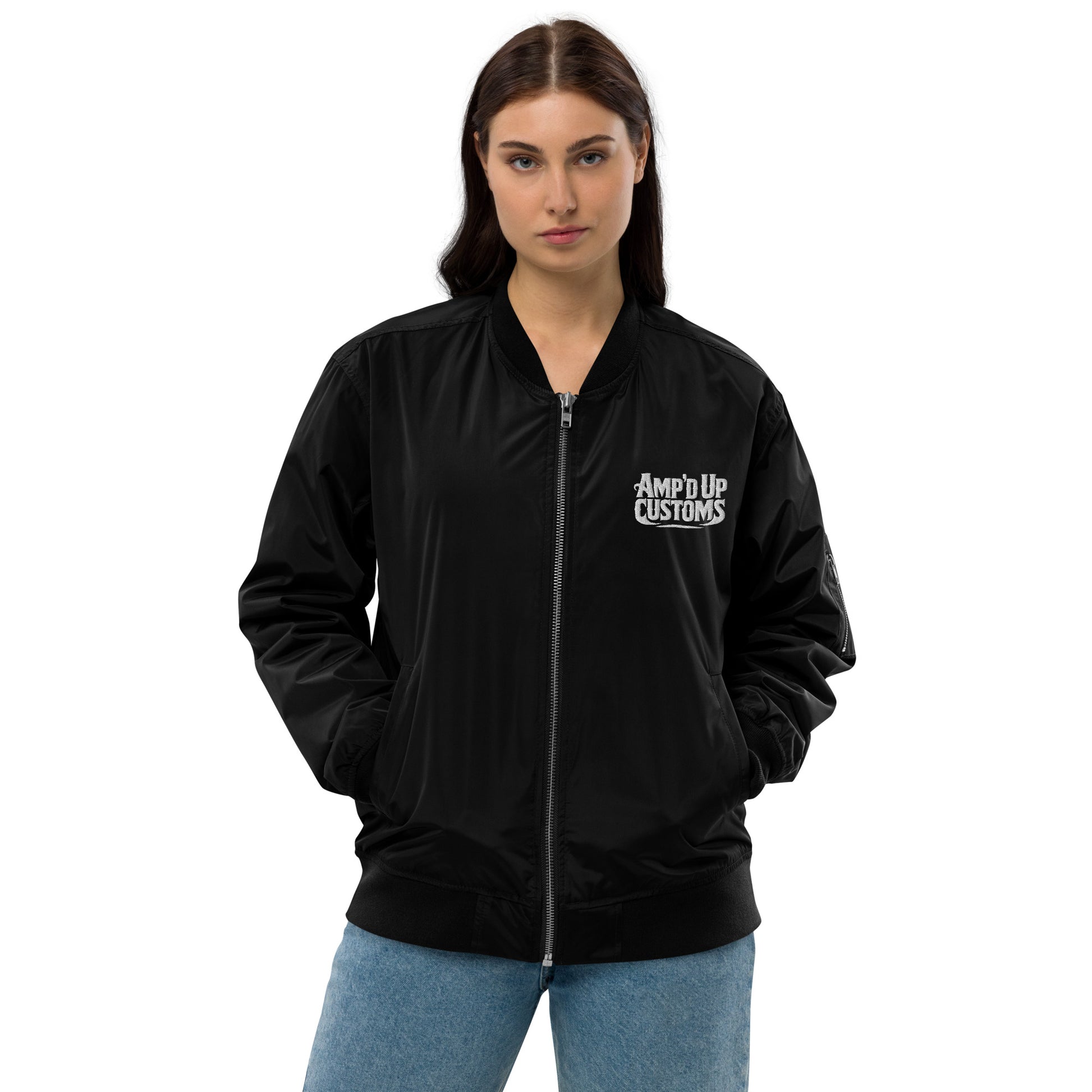 Ampd Up Custom Premium recycled bomber jacket in black, featuring a stylish design and comfortable fit