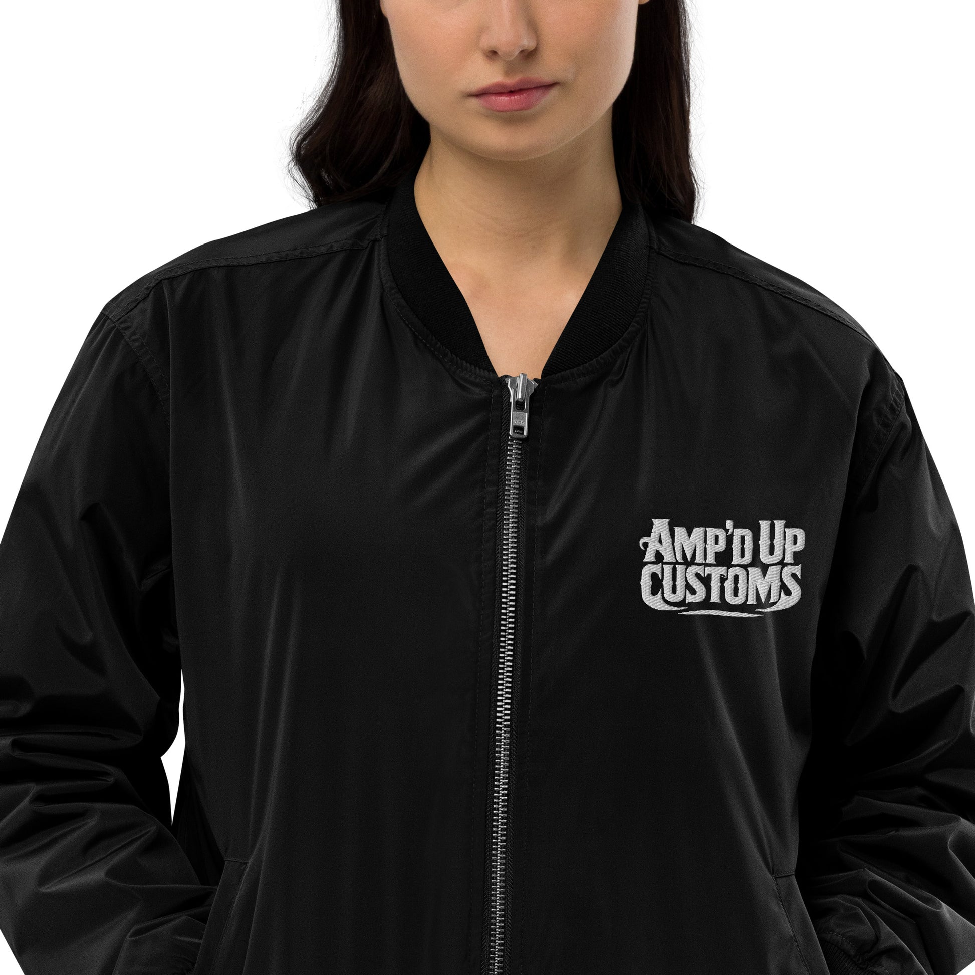 Amp'd Up Custom Premium recycled bomber jacket in black with a sleek design and logo