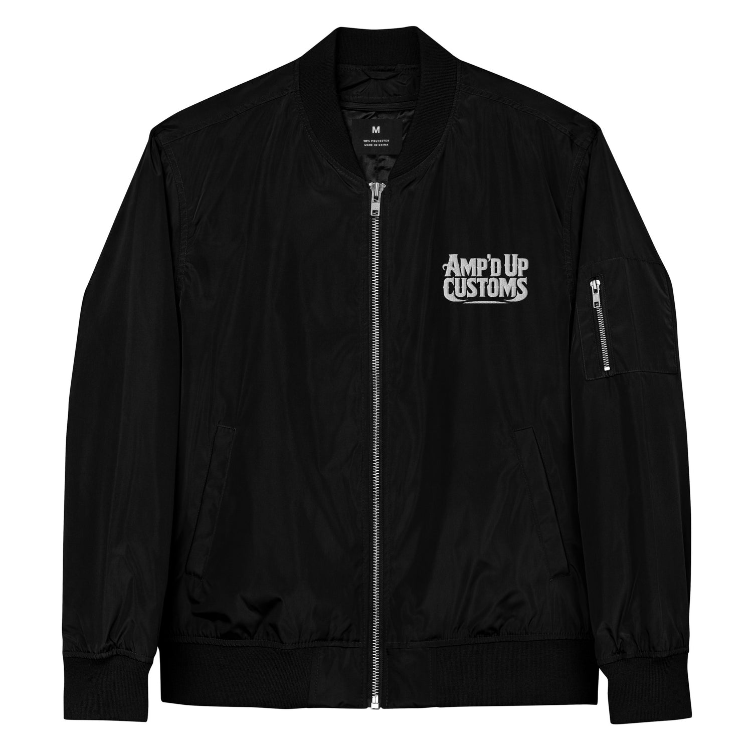Ampd Up Custom Premium recycled bomber jacket in sleek black with logo and multiple pockets