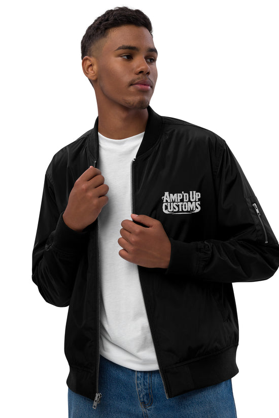 Ampd Up Custom Premium recycled bomber jacket in black with logo on front, stylish and eco-friendly outerwear