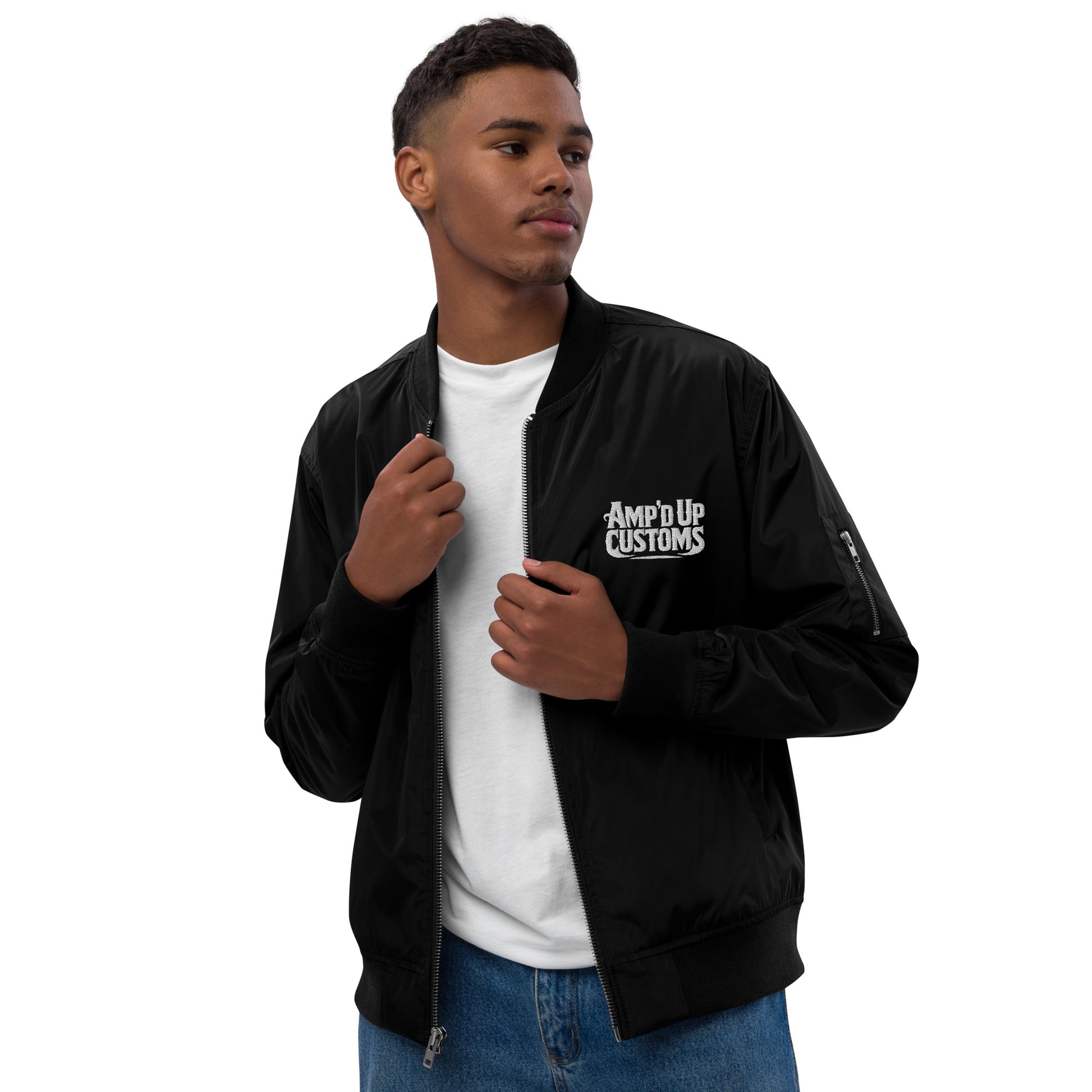 Ampd Up Custom Premium recycled bomber jacket in black with logo on front, stylish and eco-friendly outerwear