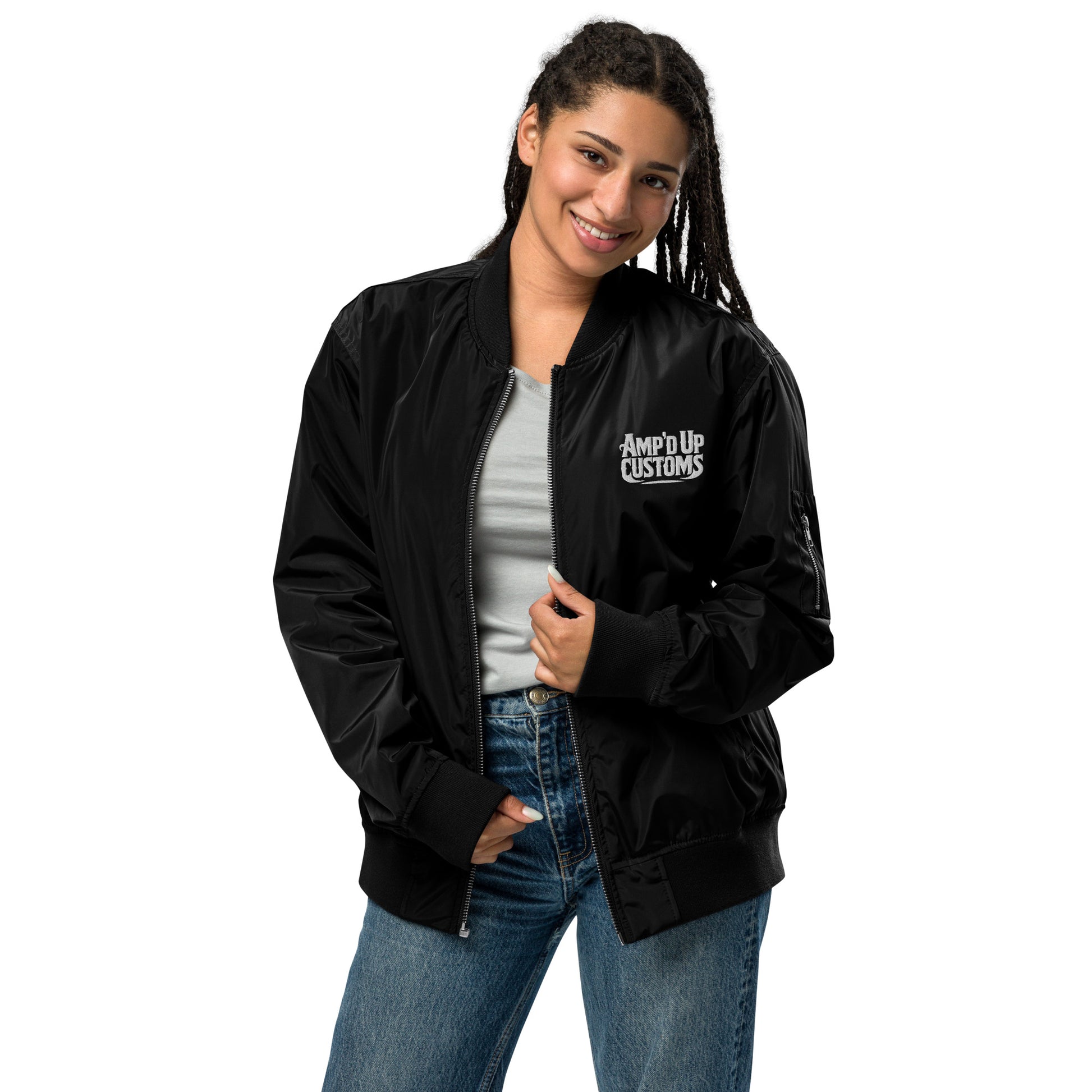 Ampd Up Custom Premium recycled bomber jacket in black worn by a smiling woman, featuring a stylish design