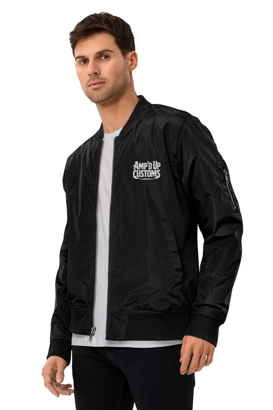 Ampd Up Custom Premium recycled bomber jacket in black worn by a model with a modern style