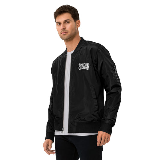 Ampd Up Custom Premium recycled bomber jacket in black worn by a model with a modern style