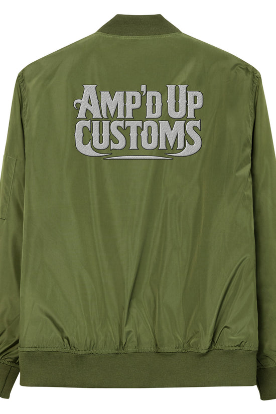 Ampd Up Custom Premium recycled bomber jacket in olive green with large back logo