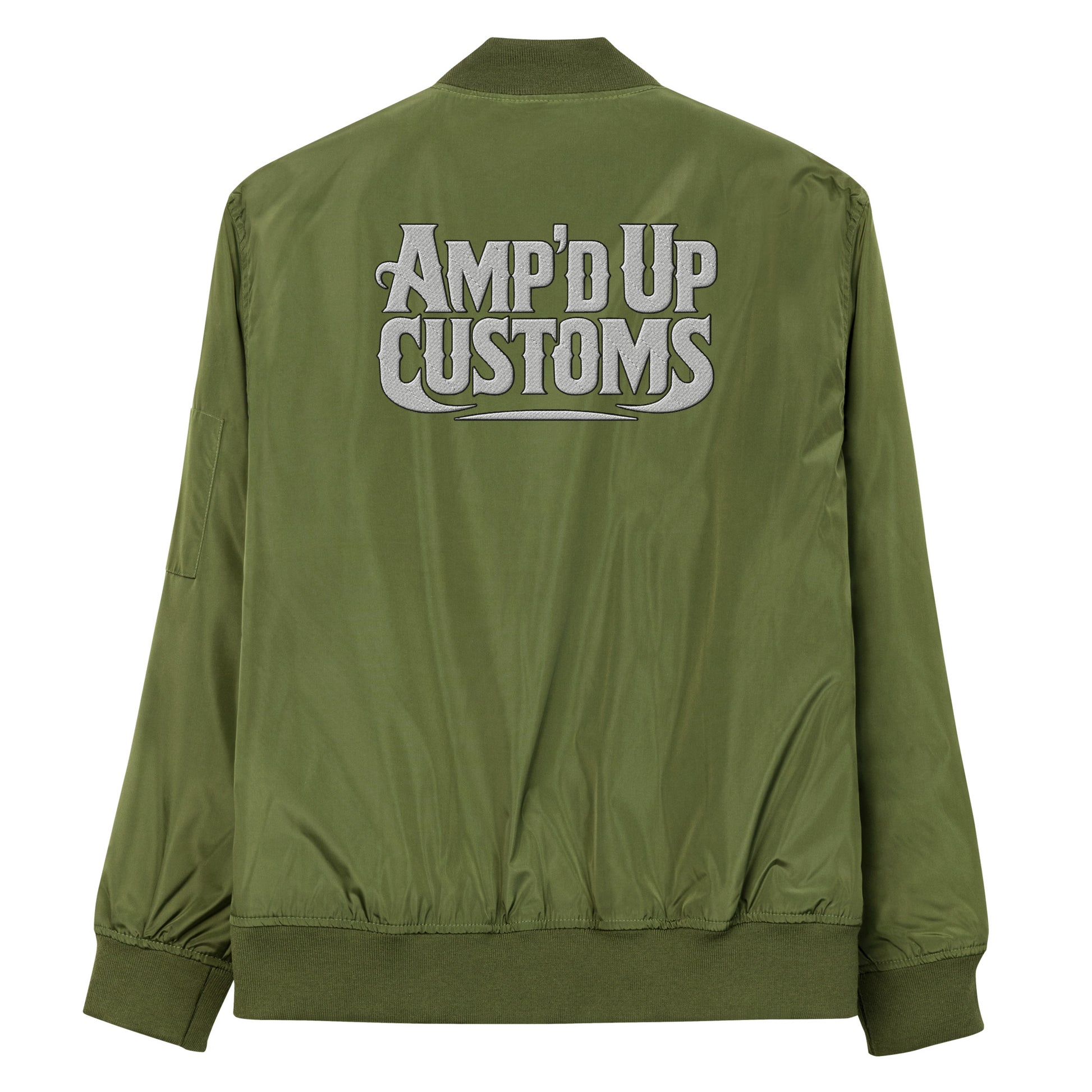 Ampd Up Custom Premium recycled bomber jacket in olive green with large back logo