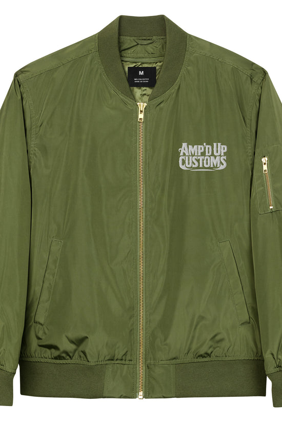 Ampd Up Custom Premium recycled bomber jacket in olive green with logo and zipper pocket