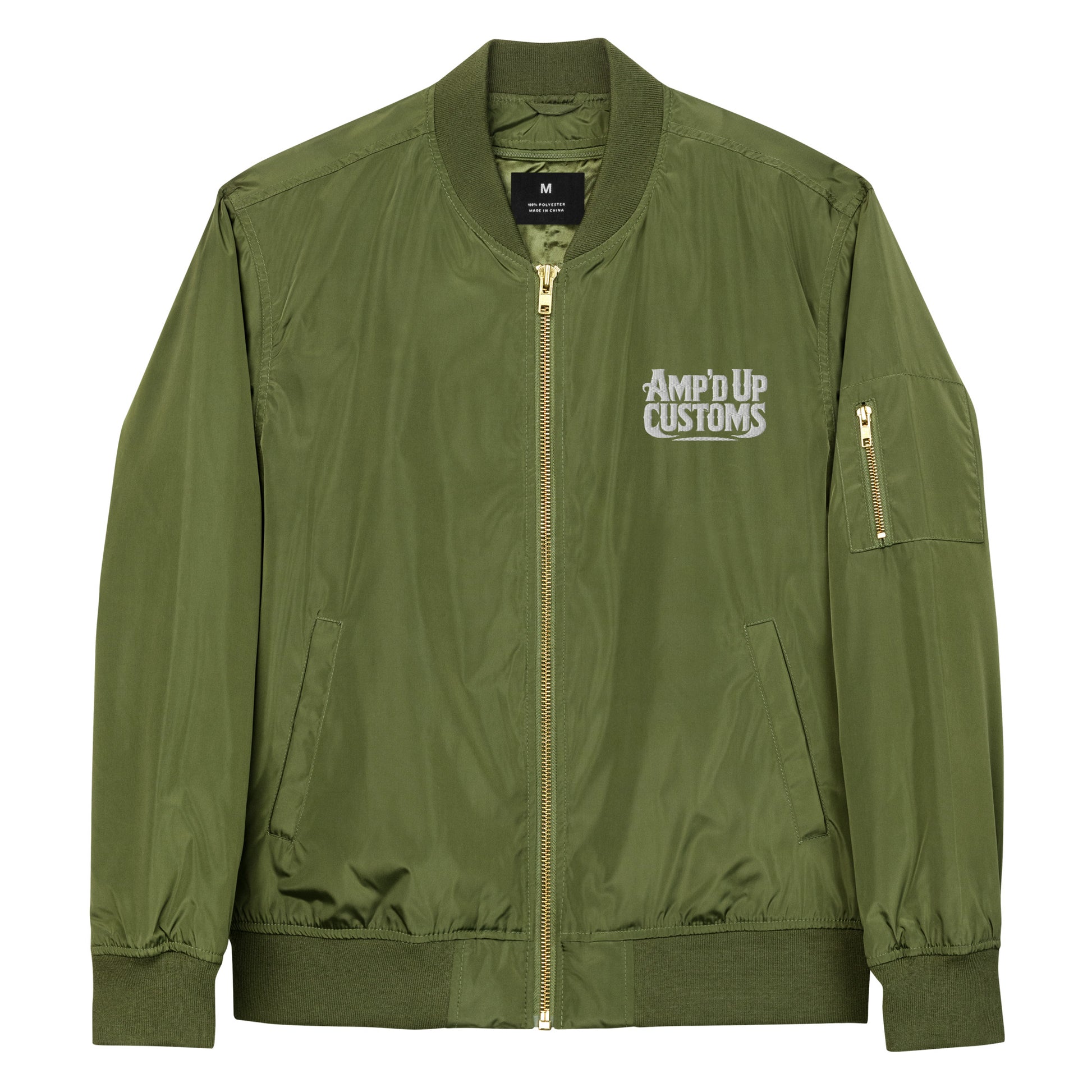 Ampd Up Custom Premium recycled bomber jacket in olive green with logo and zipper pocket