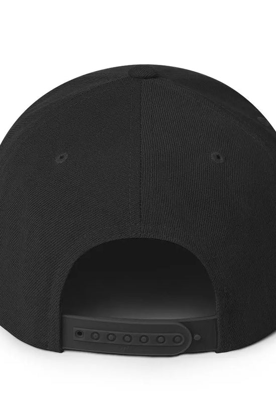 Back view of the Amp'd Up Custom Snapback Hat featuring a clean black design and adjustable strap
