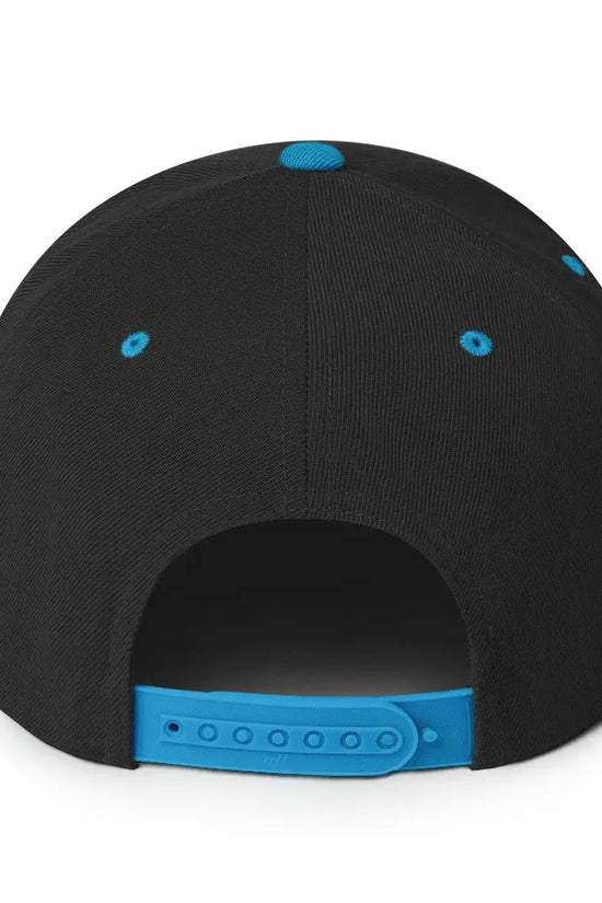 Back view of Amp'd Up Custom Snapback Hat featuring a sleek black design with blue accents