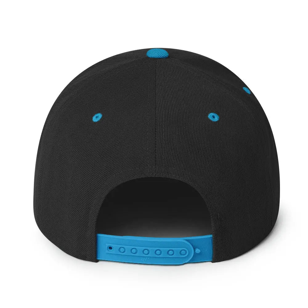 Back view of Amp'd Up Custom Snapback Hat featuring a sleek black design with blue accents