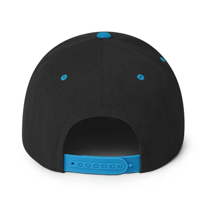 Back view of Amp'd Up Custom Snapback Hat featuring a sleek black design with blue accents