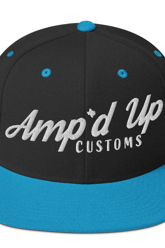 Amp'd Up Custom Snapback Hat in Black with Blue Brim and Embroidered Logo