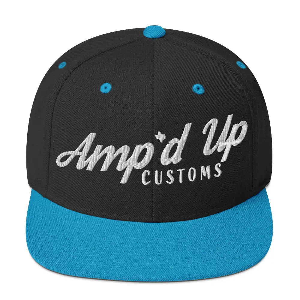 Amp'd Up Custom Snapback Hat in Black with Blue Brim and Embroidered Logo