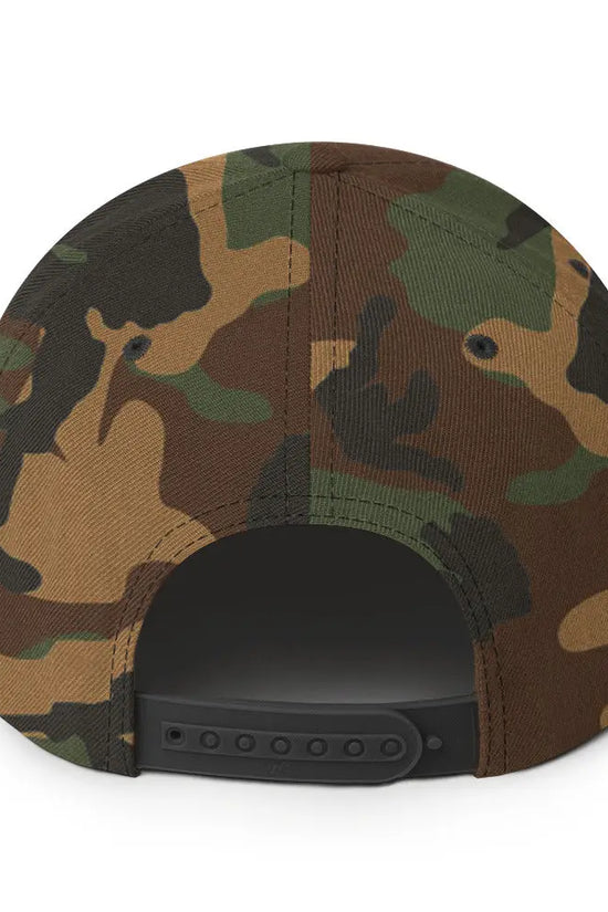 Back view of the Amp'd Up Custom Snapback Hat in camo pattern with adjustable strap