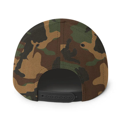 Back view of the Amp'd Up Custom Snapback Hat in camo pattern with adjustable strap