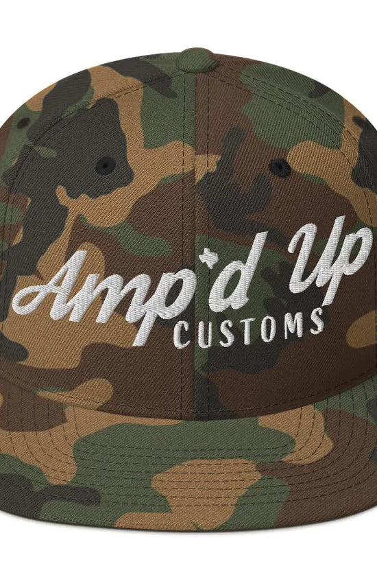 Amp'd Up Custom Snapback Hat in camouflage design with bold logo for stylish casual wear