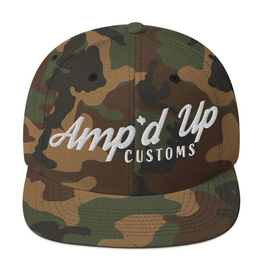 Amp'd Up Custom Snapback Hat in camouflage design with bold logo for stylish casual wear