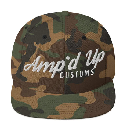 Amp'd Up Custom Snapback Hat in camouflage design with bold logo for stylish casual wear
