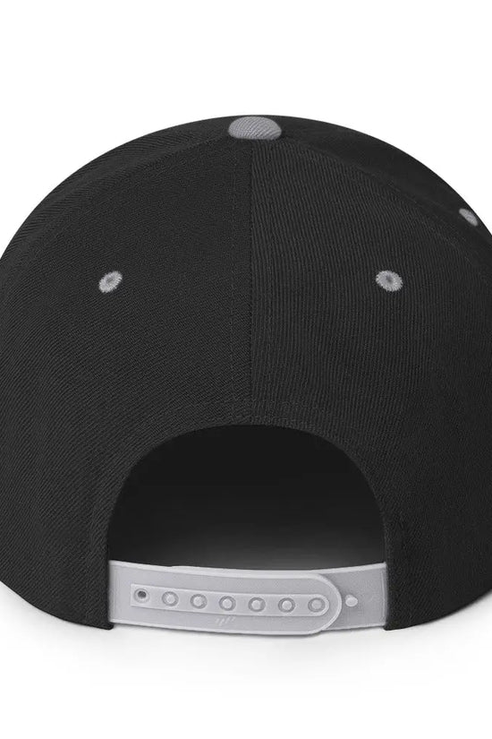 Back view of the Amp'd Up Custom Snapback Hat featuring a sleek black design with adjustable strap
