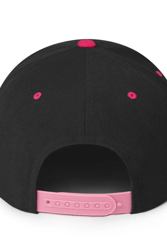 Back view of Amp'd Up Custom Snapback Hat in black with pink accents and adjustable strap
