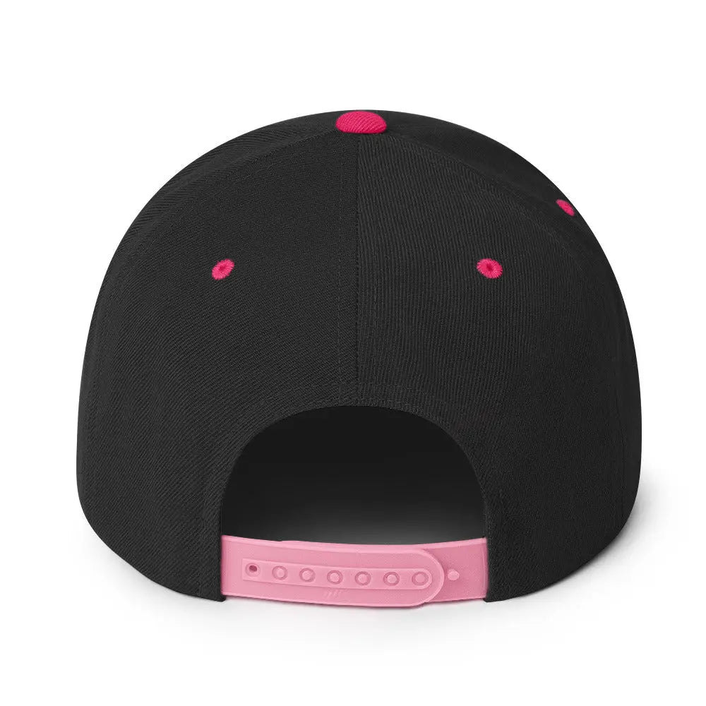 Back view of Amp'd Up Custom Snapback Hat in black with pink accents and adjustable strap