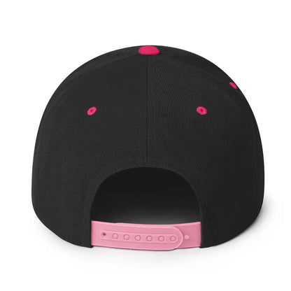 Back view of Amp'd Up Custom Snapback Hat in black with pink accents and adjustable strap