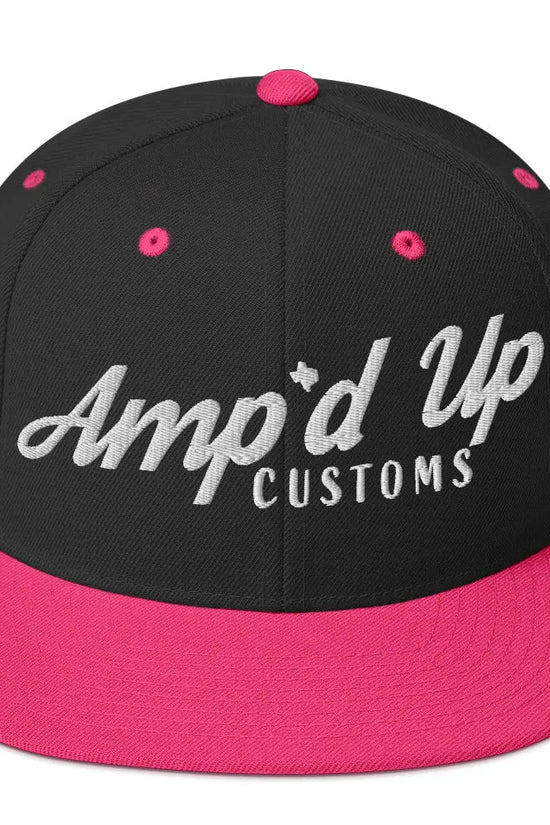 Amp'd Up Custom Snapback Hat in black and pink with stylish embroidered logo