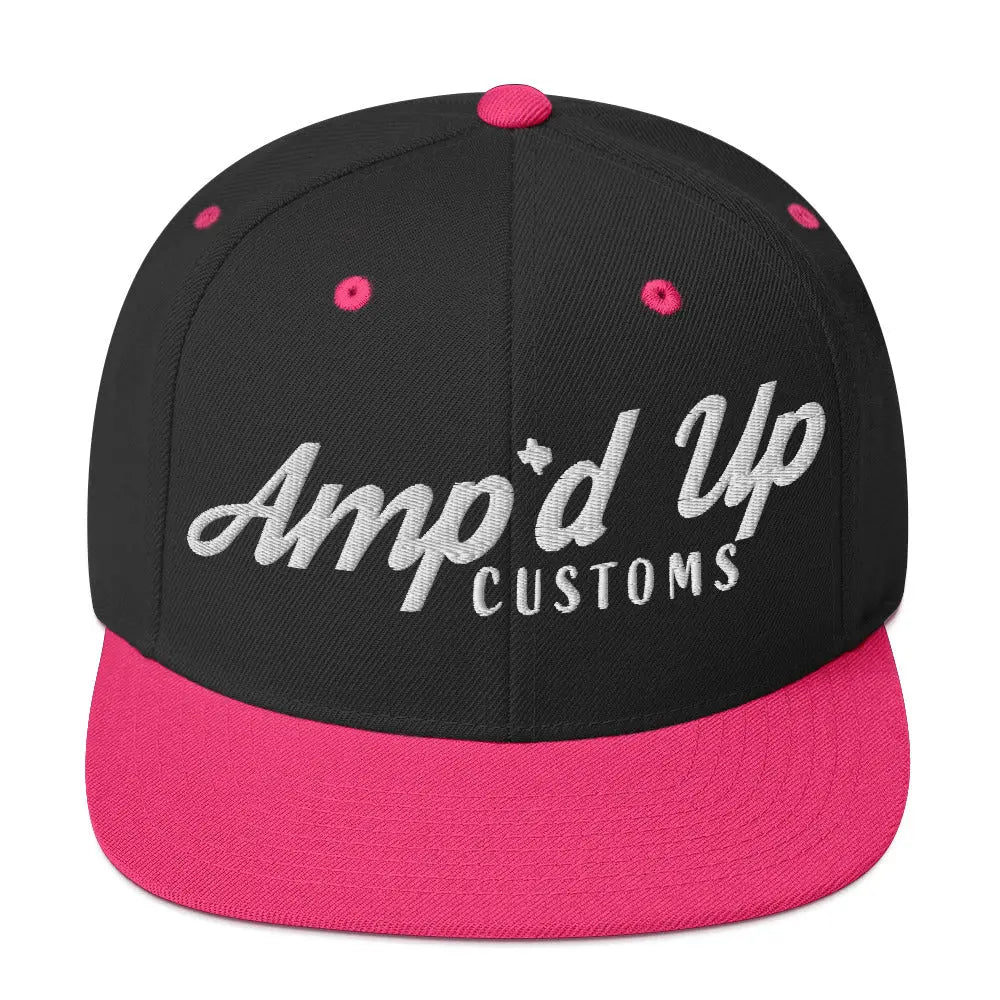 Amp'd Up Custom Snapback Hat in black and pink with stylish embroidered logo
