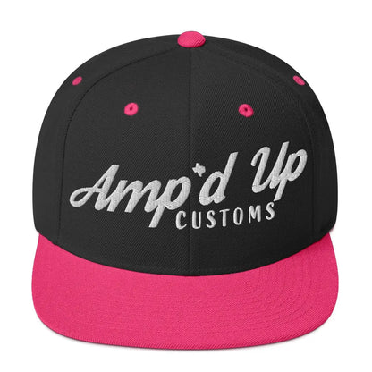 Amp'd Up Custom Snapback Hat in black and pink with stylish embroidered logo
