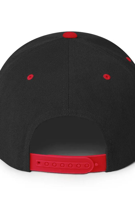 Back view of Amp'd Up Custom Snapback Hat in black with red details and adjustable strap