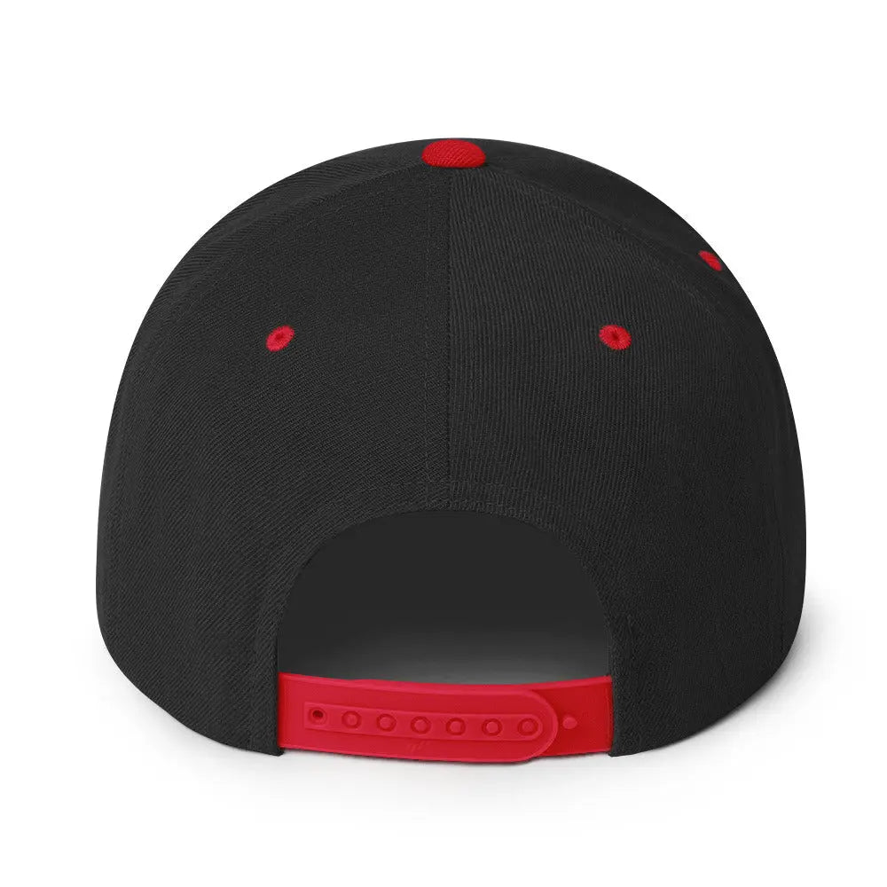 Back view of Amp'd Up Custom Snapback Hat in black with red details and adjustable strap