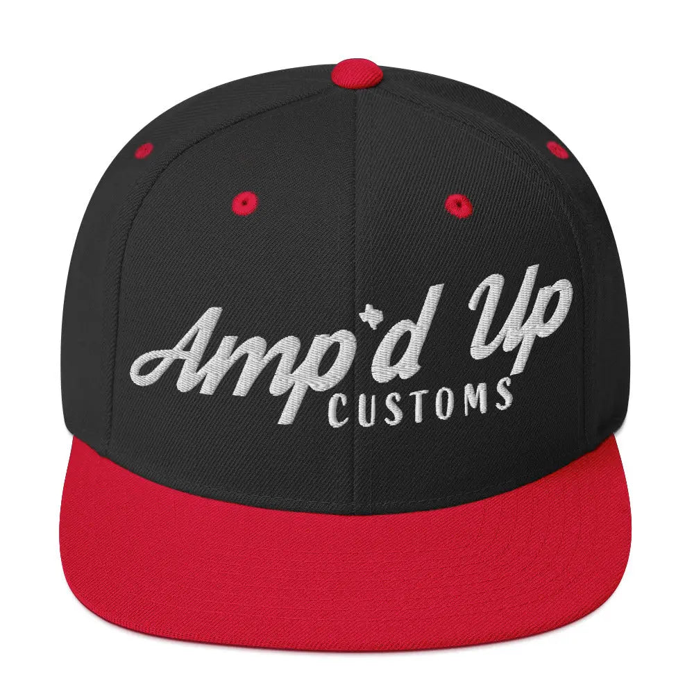 Amp'd Up Custom Snapback Hat in black and red with embroidered logo for stylish casual wear