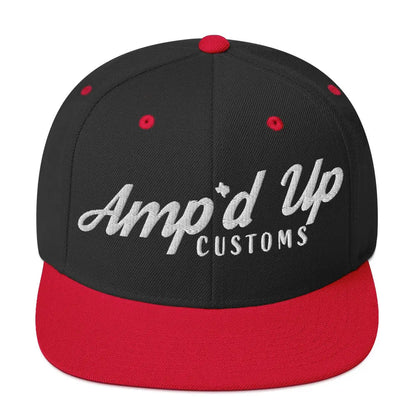 Amp'd Up Custom Snapback Hat in black and red with embroidered logo for stylish casual wear