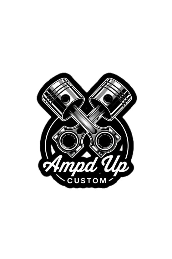 Ampd Up Customs Piston sticker featuring crossed piston designs in black and white