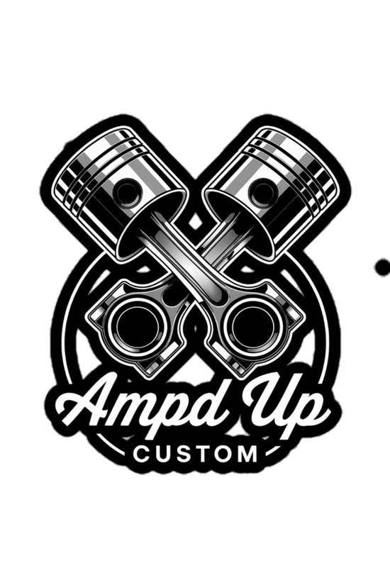 Ampd Up Customs Piston sticker featuring crossed pistons and a stylish design