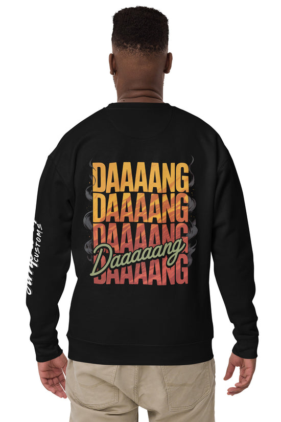 Back illustration of DANG Sweatshirt featuring bold colorful text for a trendy look