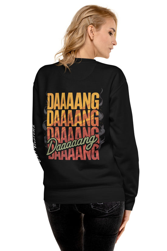 Back illustration of the DANG Sweatshirt by Amp'd Up Custom featuring bold colorful text