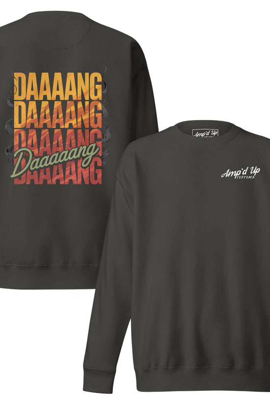 DANG Sweatshirt with vibrant back illustration featuring bold text design by Amp'd Up Custom
