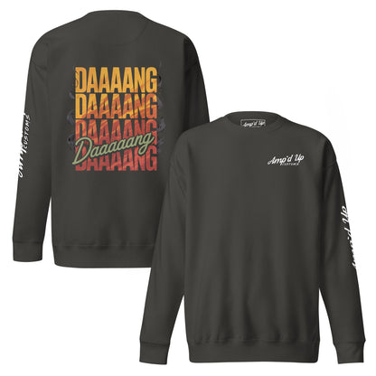 DANG Sweatshirt with vibrant back illustration featuring bold text design by Amp'd Up Custom