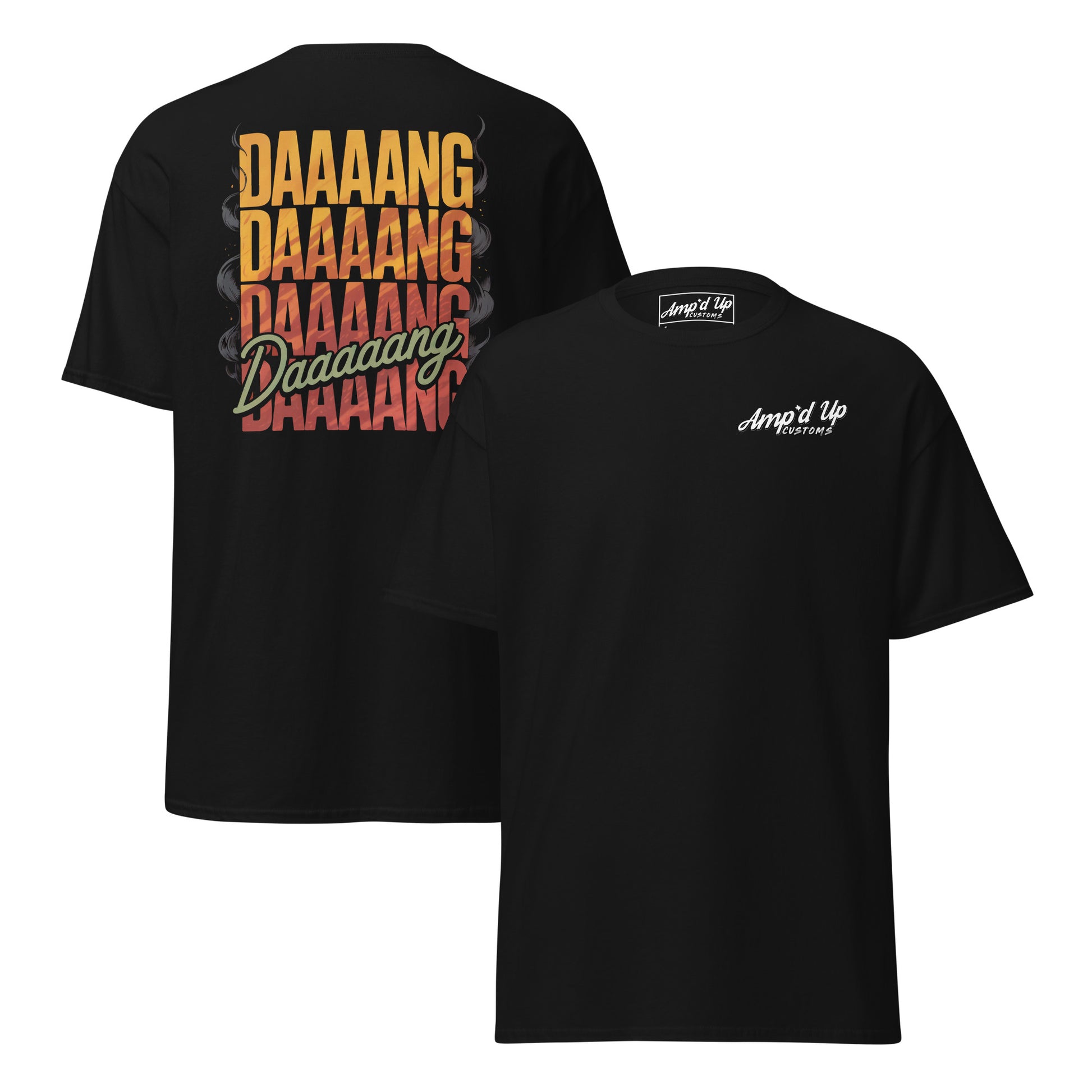 Amp'd Up Custom DANG T-Shirt with vibrant back illustration featuring bold text design