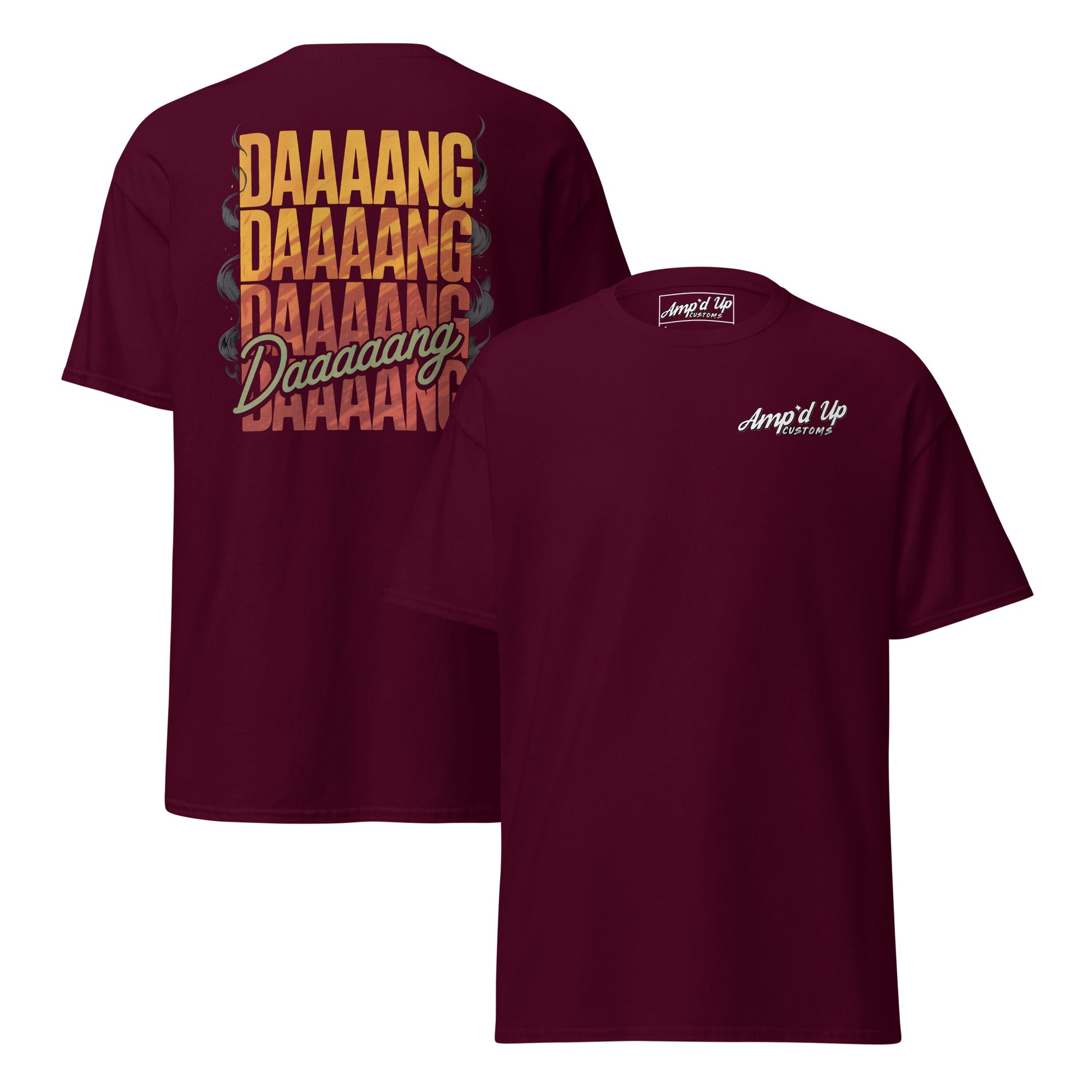 Amp'd Up Custom DANG T-Shirt with vibrant back illustration featuring playful text design