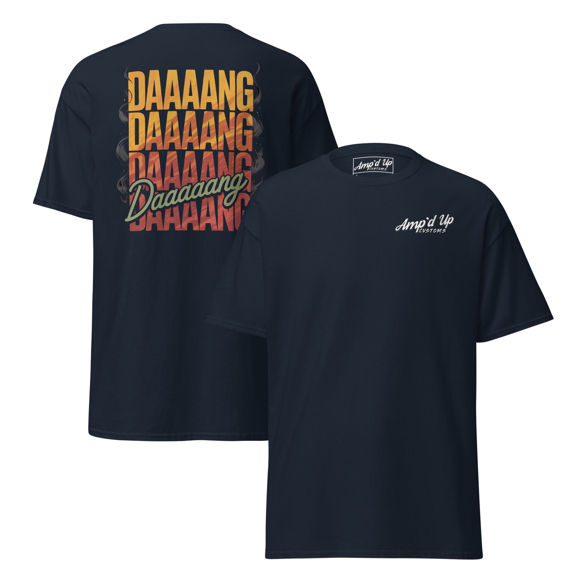 Amp'd Up Custom DANG T-Shirt featuring a colorful back illustration with playful text design