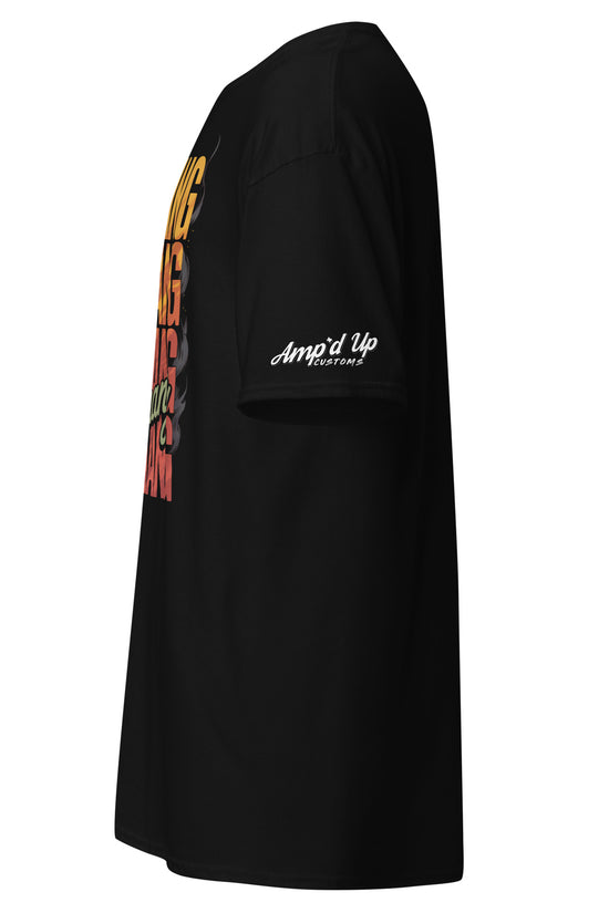 Side view of DANG T-Shirt from Amp'd Up Custom in black with colorful graphic design
