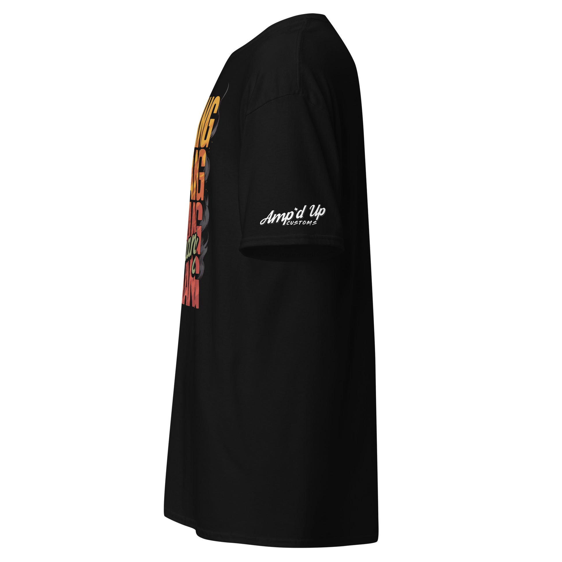 Side view of DANG T-Shirt from Amp'd Up Custom in black with colorful graphic design