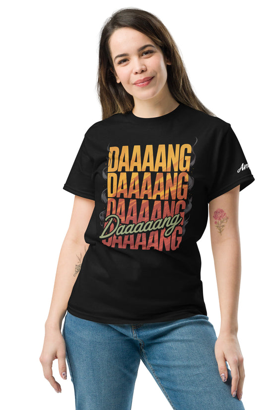 Stylish black DANG T-Shirt featuring bold multi-colored text design for casual wear
